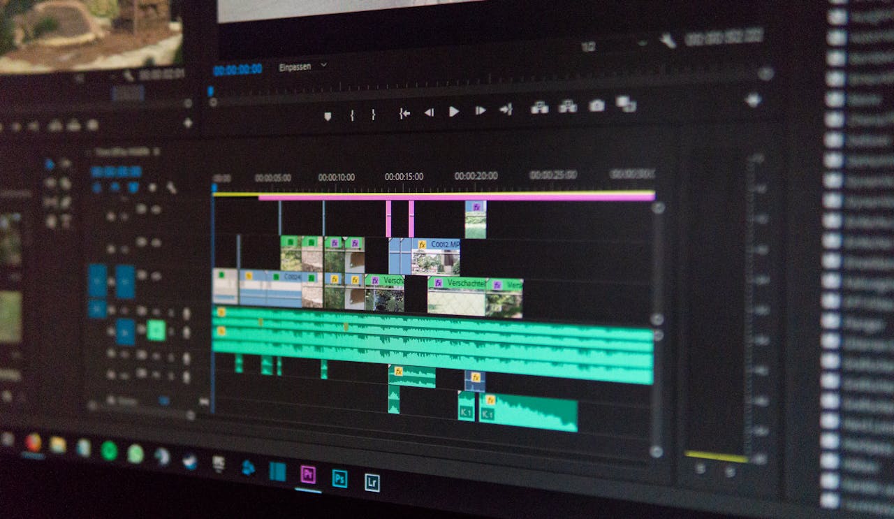 why-choose-us Close-up of a video editing timeline interface on a computer screen, showcasing professional software in action.